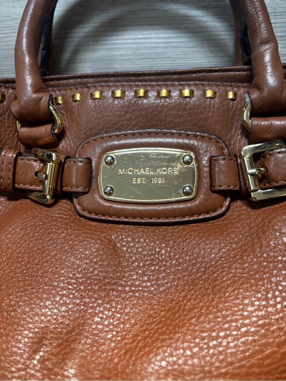 Michael Kors Brown Leather Studded Satchel Crossbody Shoulder Bag